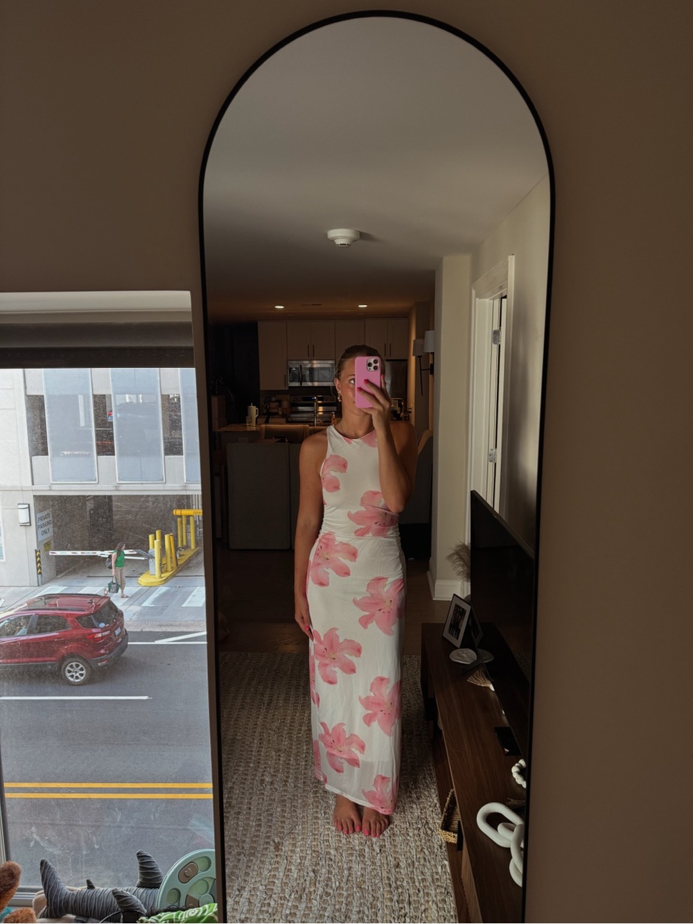 Amazon White Maxi Dress with Pink Floral Print
